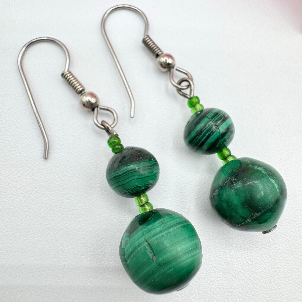 Green Malachite Gemstone Bead Earrings Dangle Lapidary Gem Earthy Forestcore